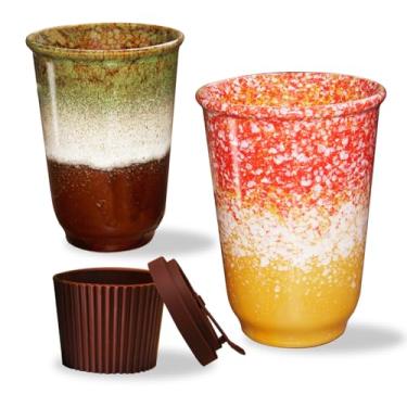 Imagem de Caneca de café de viagem de 370 ml, 2 peças modernas grandes canecas de café de cerâmica com tampa, canecas de café portáteis para bebidas quentes ou frias no carro, pode ir ao micro-ondas e