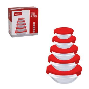 Imagem de Conjunto 5 Potes Redondo de Vidro Com Tampa - Vermelha - WELLMIX