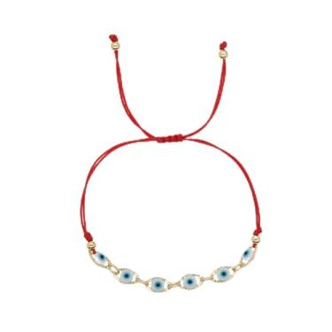 Imagem de EQUBIO Pulseira feminina com olho turco – Cordão vermelho feito à mão com 6 contas de vidro azul, joia de proteção turca ajustável, presente de amizade