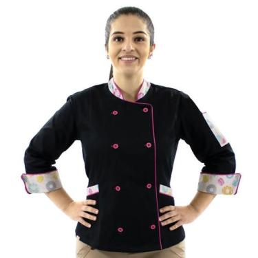 Imagem de Dólmã Para Chef De Cozinha Feminino 100% Algodão Preto Cupcakes Unifor