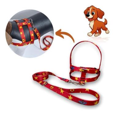 Imagem de Coleira Peitoral Lari Pet Com Guia Cães Seda Estampada N2, Vermelho