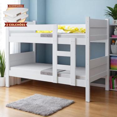 Imagem de Beliche Resistente Fortaleza em Mdf Vira 2 Camas Solteiro Branco com 2 Colchões