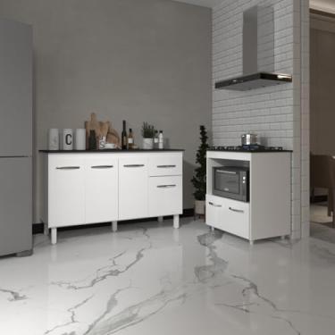 Imagem de Mobília Decor, Armário Gabinete Camila 138 cm com Tampo Tampão e Balcão Evelyn Para cooktop 5 Bocas Branco e Preto