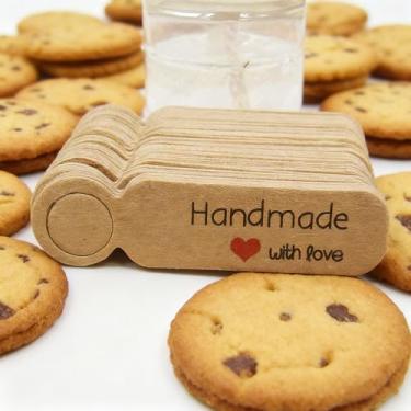 Imagem de Pacote com 100 etiquetas feitas à mão com etiquetas de amor, etiquetas de papel kraft de 2 cm com cordão para embrulho de presente DIY, chá de bebê, lembrancinhas de festa de casamento (Burlywood)