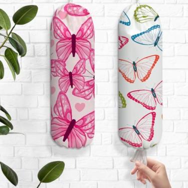 Imagem de 2 peças de suporte de plástico de borboleta colorida, suporte de parede para sacolas de plástico, dispensador de armazenamento reutilizável para decoração de cozinha doméstica, presentes de borboleta