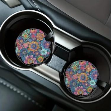 Imagem de Porta-copos de carro, flores florais Boho 2 peças porta-copos universal, porta-copos antiderrapantes em forma de flor, acessórios para carro interior