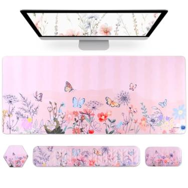 Imagem de Petmolico Conjunto de mouse pad com teclado de computador, mouse pad com descanso de pulso, almofada de pulso e porta-copos para copos, design ergonômico para alívio da dor de digitação 【rosa, flores