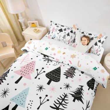 Imagem de Conjunto de capa de edredom de desenho animado de Natal, solteiro, Merry Christmas, colorido, pinheiro, reversível, decoração de quarto, rosa, azul, preto, árvores, abstrato, poliéster, capa de