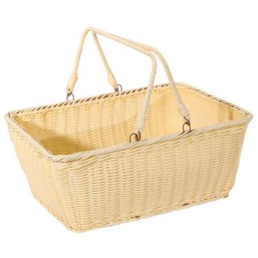 Imagem de Ioensy,Cesta de cozinha de vime imitação, decoração multifuncional com alça, estrutura de arame de ferro para lanche de frutas e pão de praia no quintal, 40cm X 30cm X 18cm