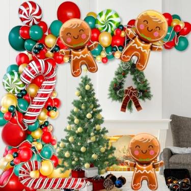 Imagem de Kit de arco de guirlanda de balão de Natal, 129 peças, balões de Natal Glazeal Gingerbread Man, bengala doce, vermelho e verde para decorações de festa de Natal