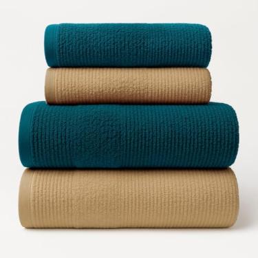 Imagem de Jogo de Toalhas de Banho Gigantes e Macias 4 Peças 100% Algodão Super Luxo – Alta Absorção e Conforto Premium (Bege + Verde Petroleo)