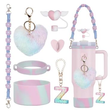 Imagem de Rabrgab Conjunto de 7 peças de acessórios para copo Stanley com alça, decoração de copo feminino para meninas para 1,134 g, 850 g, 590 g, incluindo topo de palha de coração, pingentes de coração, bota