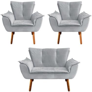 Imagem de 2 Poltronas E 1 Namoradeira Pés Palito Charger Veludo Cinza