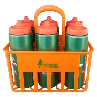 Imagem de Kit c/6 Squeeze + Cesta Porta Garrafas Laranja Bico Automático - Futeb