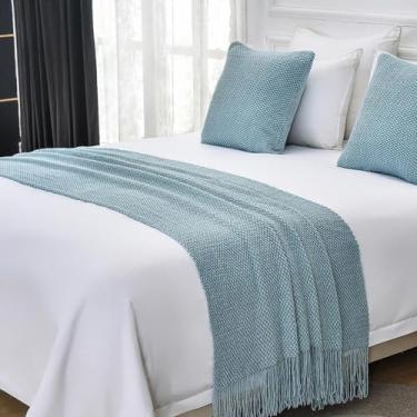 Imagem de Cama Runner Cachecol Colchas Camas Corredores Cama King Size Tricô Cobertor Sofá Cobertor com Borla Cor Sólida Lenço Proteção Casa Hotel Cama Decorativa Lance Azul 2||65 x 260 cm (Cama de 2 m)