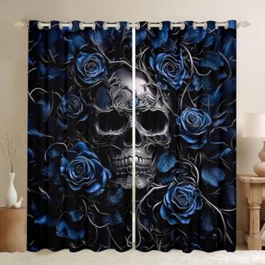 Imagem de Erosebridal Cortinas de caveira de açúcar 107 x 160 cm, cortinas de janela floral rosa azul-petróleo para crianças, meninos, meninas, adolescentes, adultos, cortinas blackout de esqueleto gótico,