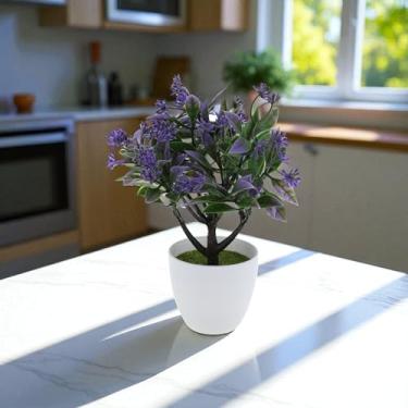 Imagem de Generic 1 peça de crisântemo dourado de plantas artificiais com pequeno vaso redondo de plástico roxo 8 x 8 x 24 cm