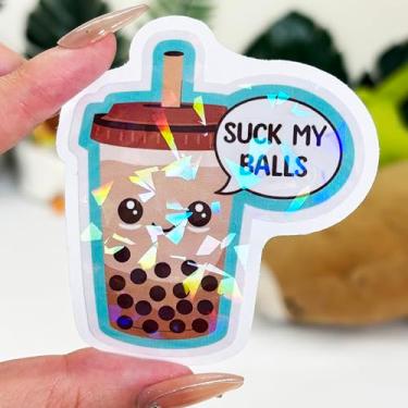Imagem de 3 peças Boba Drink Suck My Balls adesivo bolha presentes engraçados Suck My Balls adesivos à prova d'água presente Boba bebida bolha leite bola de chá decalque de vinil para laptop garrafa de água