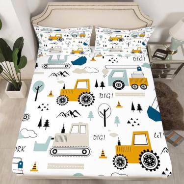 Imagem de Jogo de lençol com elástico com desenho animado de carro, escavadeira, trator, branco, amarelo, 3 peças, lençol com elástico, 3 peças, sem lençol de cima