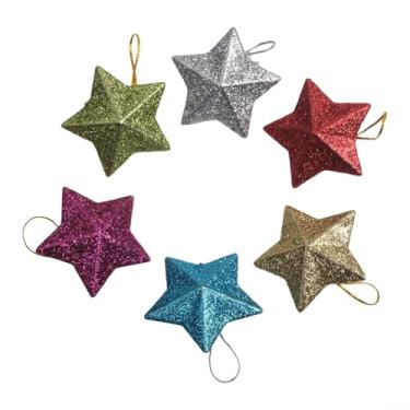 Imagem de Conjunto de enfeites de árvore de Natal, 6 pequenas decorações de estrelas de cinco pontas de plástico em ouro, prata e vermelho, pingentes pentagrama com glitter de 5 x 5 cm para festas de fim de ano