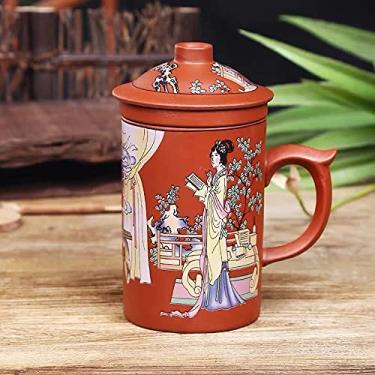 Imagem de Xícara de chá de cerâmica, caneca de chá de argila roxa pintada à mão chinesa com tampa e infusor, (368 g) Caneca de água Zisha para escritório e casa (senhora vermelha)