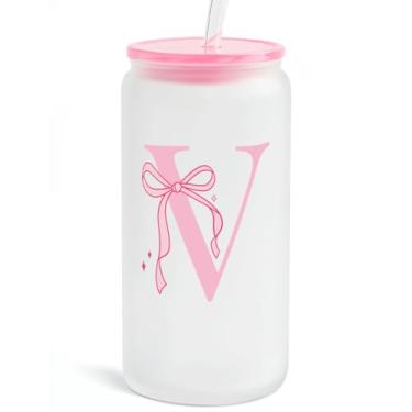 Imagem de SANDJEST Copo de vidro monograma com tampa acrílica e canudo, copo de café gelado fosco personalizado 473 ml, monograma presentes iniciais para mulheres meninas no aniversário (V)
