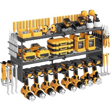 Imagem de Ouinis Suporte de parede organizador de ferramentas elétricas, carga de 136 kg, 3 camadas, prateleira de metal resistente com 8 suportes de broca, armazenamento de oficina de garagem para ferramentas
