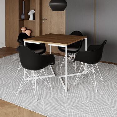 Imagem de Mesa Jantar Industrial Quadrada Amêndoa 90Cm Base V C/4 Poltronas Pretas Ferro Branco Cor: Amendoa
