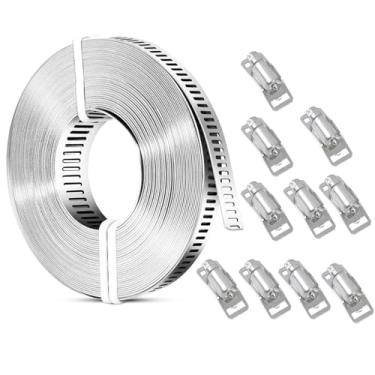 Imagem de Braçadeiras de mangueira grandes ajustáveis de 5 metros, braçadeira de aço inoxidável com 8 peças de fixação, parafusos de metal e cintas para tubos, dutos, polos, tubos
