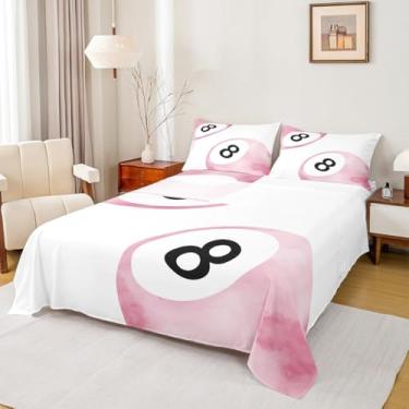 Imagem de Manfei Jogo de cama infantil Lucky 8 Ball tamanho casal, aquarela feminina, artístico, sonhador, decoração de quarto infantil, lençol rosa e branco (com elástico + 2 fronhas)