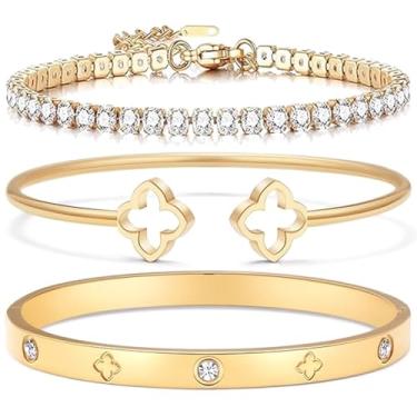 Imagem de Arthur Liu Conjunto de 3 peças de pulseiras delicadas banhadas a ouro 14K – Joias de aço inoxidável não manchadas com zircônia cúbica para mulheres, caixa de presente incluída, One Size, Aço