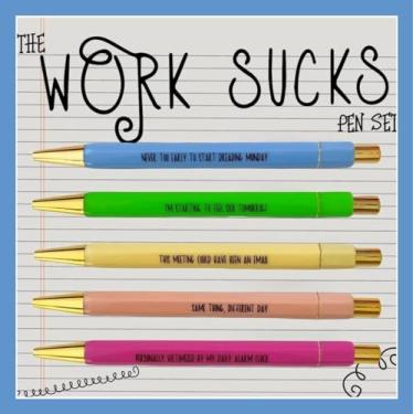 Imagem de 5 canetas engraçadas Work Sucks, caneta personalizada com citações hilárias, canetas de uso diário hilárias, presentes de humor de escritório, tinta preta, ponta média de 1,0 mm (trabalho é )