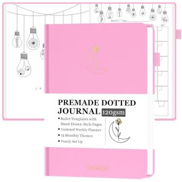 Imagem de ONGROX Caderno estilo Bullet pré-fabricado com páginas desenhadas à mão, diário pontilhado com modelos de bala exclusivos pré-fabricados, agenda sem data com páginas semanais e temas mensais, 12 meses