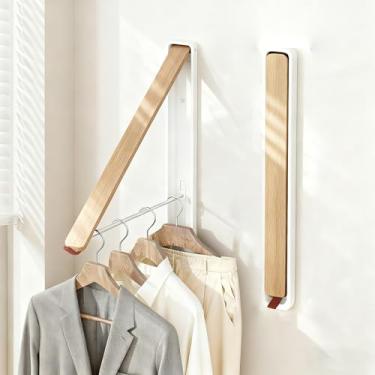 Imagem de Kolovbe Estante de secagem de roupas de lavanderia retrátil montado na parede, suporte de secagem, madeira