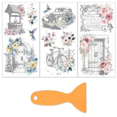 Imagem de OLYCRAFT 3 folhas/conjunto de flores em transferências para móveis e artesanato 15 x 30 cm beija-flores adesivos de transferência para móveis com 1 raspador para decoração de casa de móveis de madeira