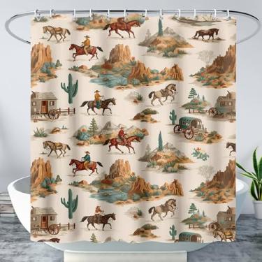 Imagem de AILONEN Cortina de chuveiro Western Cowboy - Cortina do deserto West Horse 182,8 cm L x 243,8 cm A impermeável - Cortina de banho retrô rústica Boho para crianças meninos e homens