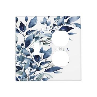 Imagem de BHGAHD Capas de tomada decorativas com design de folhas de eucalipto azul rústico placa de parede de 2 grupos de interruptor duplo combo de dois interruptores de luz tampa de placa de interruptor GFCI