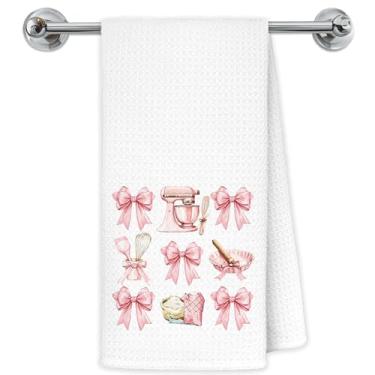 Imagem de Exqcom Toalhas de cozinha Coquette Pink Bow Baker, presentes para amantes de panificação, toalhas de mão femininas para cozinha, suprimentos de panificação estética preppy panos de prato decorativos