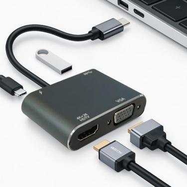 Imagem de Adaptador USB tipo C 4 em 1 para HDMI VGA - Carregamento USB-C para PD de 60 W, USB 3.0, HDMI 4K e saída VGA 1080P, adaptador compacto para laptop