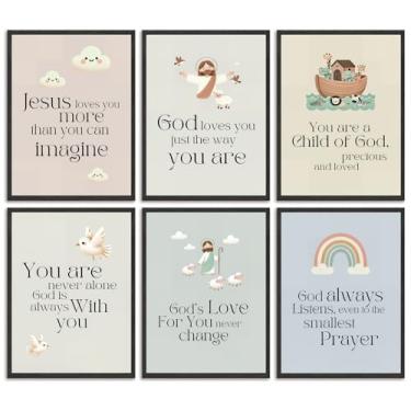 Imagem de 6 peças de arte de parede em tela com versículo bíblico para berçário, impressão de pôsteres de educação cristã, citação inspiradora da Bíblia infantil, decoração de parede, para quarto de criança