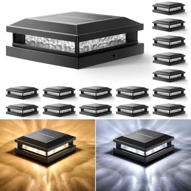 Imagem de Pacote com 16 lâmpadas de poste solar, luzes de poste de cerca para ambientes externos atualizados para postes de vinil/madeira, 10 x 12 cm, 12 x 12 cm, postes pretos para deck elétrico, luz solar com