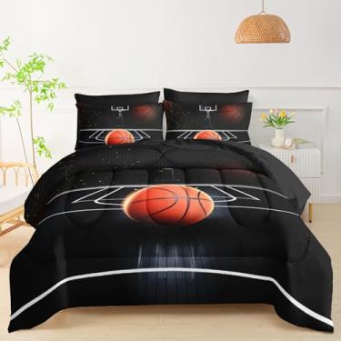 Imagem de QOOMO Jogo de cama de basquete com 7 peças, tamanho casal, esportivo 3D para crianças e adolescentes, inclui 1 edredom, 1 lençol com elástico, 1 lençol de cima, 2 fronhas estampadas e 2 fronhas pretas