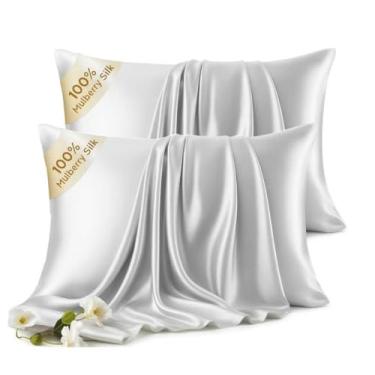 Imagem de Conjunto de 2 fronhas King 100% seda - fronha de seda amoreira de luxo 6A para cabelo e pele - antirrugas, refrescante e suave, zíper oculto - fronhas para mulheres dormindo menina, menino, cinza