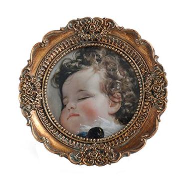 Imagem de VINLIFE Mini porta-retratos 7,5 x 7,5 cm, vintage, redondo, para parede e mesa, design ornamentado em ouro bronze antigo, decoração de parede vitoriana para galeria, decoração de casa com flores em