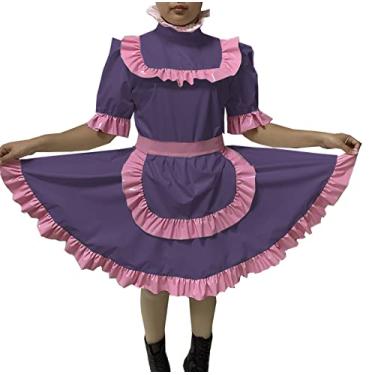 Imagem de Vestido cruzado sexy para adultos, vestido de empregada maricas, vestido de PVC, avental com trava e uniforme, Roxo escuro, 4X-Large