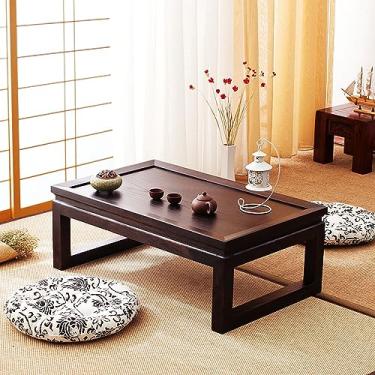 Imagem de HYUIO Pequena mesa de centro de madeira, mesa de chão japonesa, mesa de chá de tatame vintage, mesa de altar para meditação, mesa baixa para sentar no chão com móveis de destaque