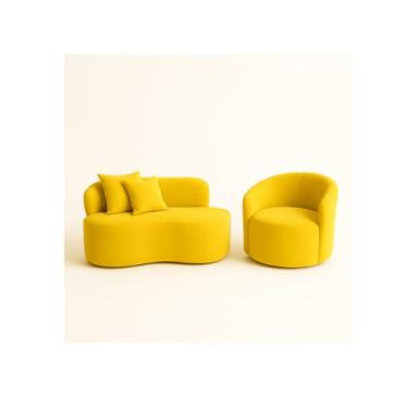 Imagem de Conjunto 01 Poltrona + Sofá Curvo Orgânico Nature Gaia Suede Amarelo - Montanaris Decor
