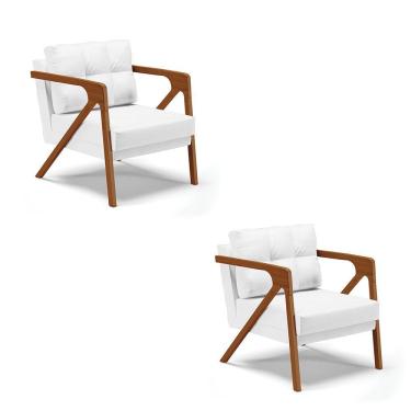 Imagem de Kit 02 Poltronas Corino Base De Madeira Castanho Branco