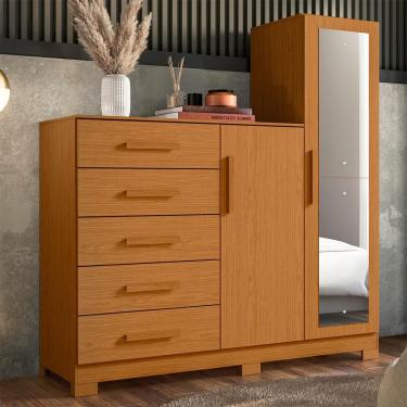 Imagem de Comoda New Master Quarto Com 5 Gavetas 2 Portas E Espelho Cinamomo Cinamomo