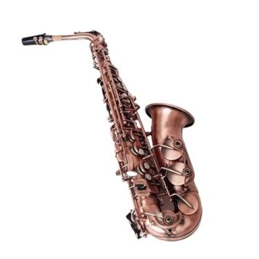 Imagem de Instrumento de saxofone profissional vermelho bronze curva Eb E-flat saxofone alto saxofone sax chave esculpida padrão com estojo luvas alças escova (B)